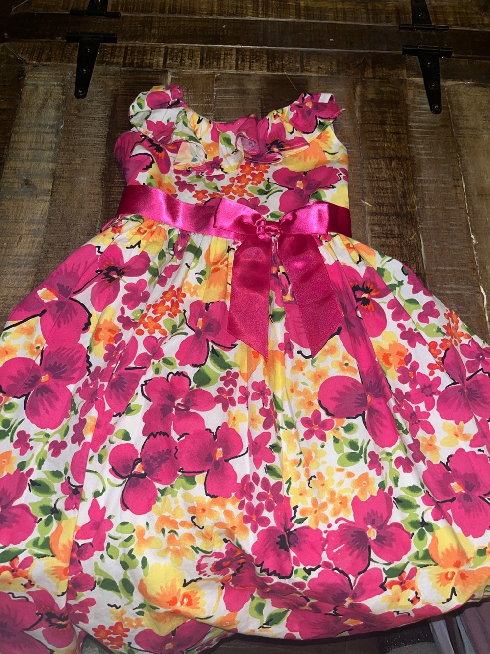 Bonnie Jean Bright Pink Floral Ribbon Dress